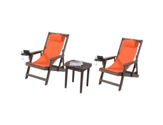 Romantic Collection - 2 Canvas Sling Chairs w/Beverage Holder & 1 End Table - Dark Brown, Orange