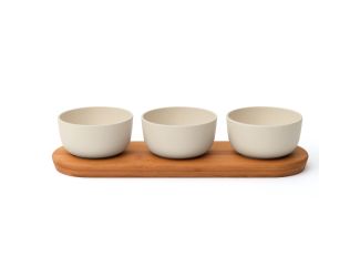 Leo 3pc Bowl Set w/ Bamboo Tray, White