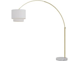 Arched Floor Lamp in Brushed Gold with Adjustable Height/Width, White Marble Base, and 2-Tiered Fabr