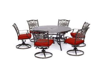 Traditions 7-Piece Dining Set in Red with a 60 In. Round Cast-top Table and Six Swivel Rockers