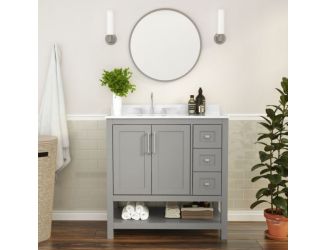 36 Inch Bathroom Vanity with Sink, Open Storage, and Storage Drawers in Gray