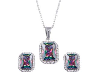 PARIKHS Halo Rectangle Synthetic Mystic Topaz CZ Necklace-Earring Set in 925 Sterling Silver