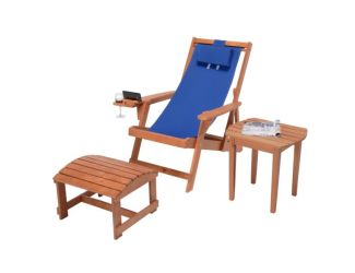 Romantic Collection - Canvas Sling Chair w/Beverage Holder, Ottoman, & End Table - Walnut, Blue