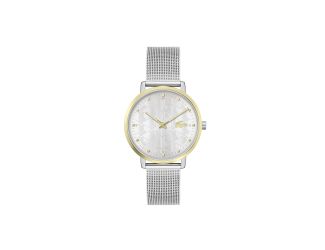 Lacoste Crocorgin Ladies Stainless Steel Case and Mesh Bracelet. GP IP bezel. Silver White Dial.