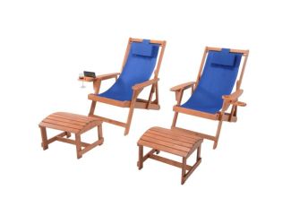 Romantic Collection - 2 Canvas Sling Chairs w/Beverage Holder & 2 Ottoman - Walnut, Blue