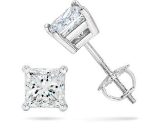 PARIKHS Princess Cut  Diamond Screw Back Stud 14K White Gold 0.08ct IJK Color,I1 Clarity