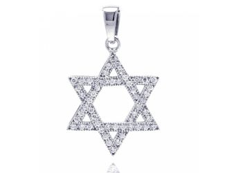 PARIKHS Rhodium Plated Hebrew Star CZ Dangling Pendant with Chain in 925 Sterling Silver