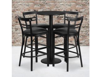 24" Round Black Laminate Table with Round Base & 4 Ladder Back Metal Barstools