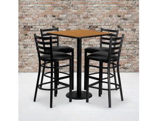 30" Square Natural Laminate Table Set with 4 Metal Barstools - Black Vinyl Seat
