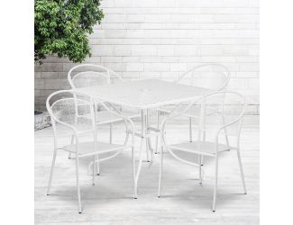35.5" Square White Indoor-Outdoor Steel Patio Table Set w/ 4 Round Back Chairs