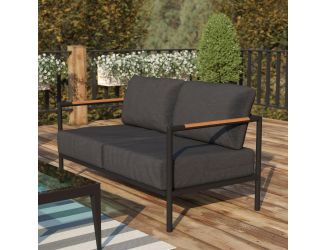 Black Aluminum Frame Loveseat with Teak Arm Accents and Charcoal Cushions