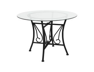 42" Round Glass Dining Table with Curl Accent Black Metal Frame