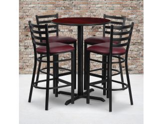 30" Round Mahogany Laminate Table with X-Base and 4 Ladder Back Metal Barstools