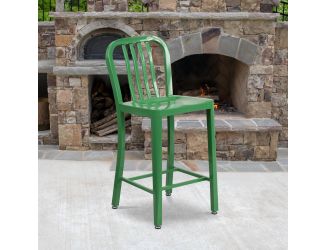 24" High Green Metal Indoor-Outdoor Counter Height Stool with Vertical Slat Back