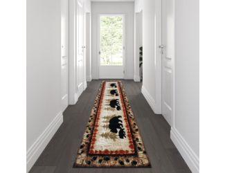Wandering Bear and Cub Rustic Olefin Area Rug in Brown - Jute Backing - 3' x 10'