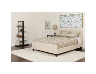 King Size Button Tufted Upholstered Platform Bed in Beige Fabric with Mattress