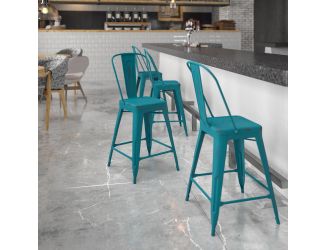 24" High Distressed Blue-Teal Metal Indoor-Outdoor Counter Height Stool w/ Back