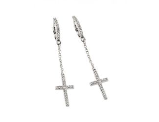 PARIKHS Rhodium Plated Round Cross Clear CZ Wire Dangling Huggie Earring in 925 Sterling Silver