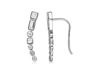 PARIKHS Rhodium Plated Baguette and Round CZ Climbing Earring in 925 Sterling Silver