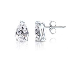 Bright White Pinnacle Pear Lab Grown Diamond Stud in 14K White Gold 1.20ct,Color-GH,Clarity-VVS