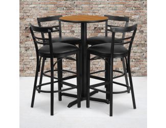 24" Round Natural Laminate Table with X-Base and 4 Metal Vinyl Seat Barstools