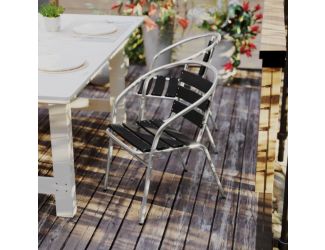 Commercial Metal Indoor-Outdoor Stack Chair-Black Triple Slat Faux Teak Back