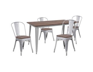 30.25" x 60" Silver Metal Table Set with Wood Top and 4 Stack Chairs
