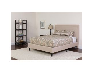 Full Size Panel Tufted Beige Fabric Platform Bed with Pocket Spring Mattress