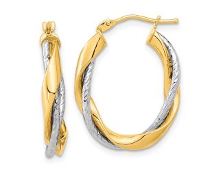 14k Two-tone Polished Rope Twisted Oval Hoop Earrings