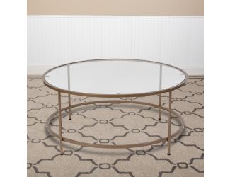 Clear Glass Living Room Coffee Table with Round Brushed Gold Metal Frame