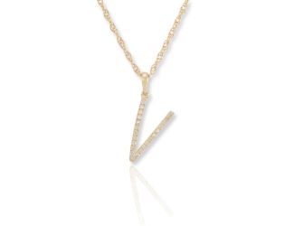 PARIKHS Initial Pendant Alphabet 'V' in CZ with chain in 925 Sterling Silver with Yellow Plating