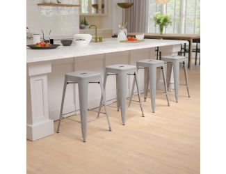 4 Pack 24" High Metal Indoor Counter Bar Stool - Stackable Stool, Silver