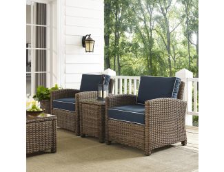 Bradenton 3-Piece Outdoor Wicker Conversation Set With Navy Cushions - Two Arm Chairs & Side Table