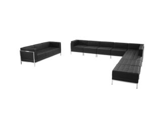 10 Piece Black LeatherSoft Modular Sectional & Sofa Set - Stainless Steel Legs