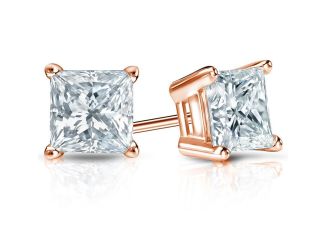Certified PARIKHS Princess Cut Privilege Diamond  Stud 14K Rose Gold 0.95ct HIJ Color,VS2 Clarity