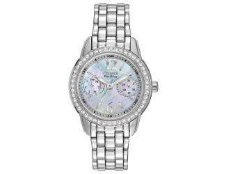 Ladies' Silhouette Crystal Eco-Drive Watch, Stainless Steel with Black MOP Dial and Crystals