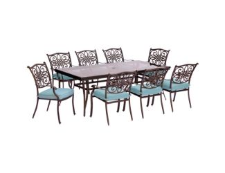 Traditions 9-Piece Dining Set in Blue with Extra-Long 84 x 41 In. Glass-Top Dining Table