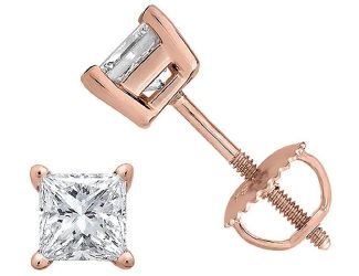 PARIKHS Princess Cut  Diamond Screw Back Stud 14K Rose Gold 0.09ct IJ Color,SI1 Clarity
